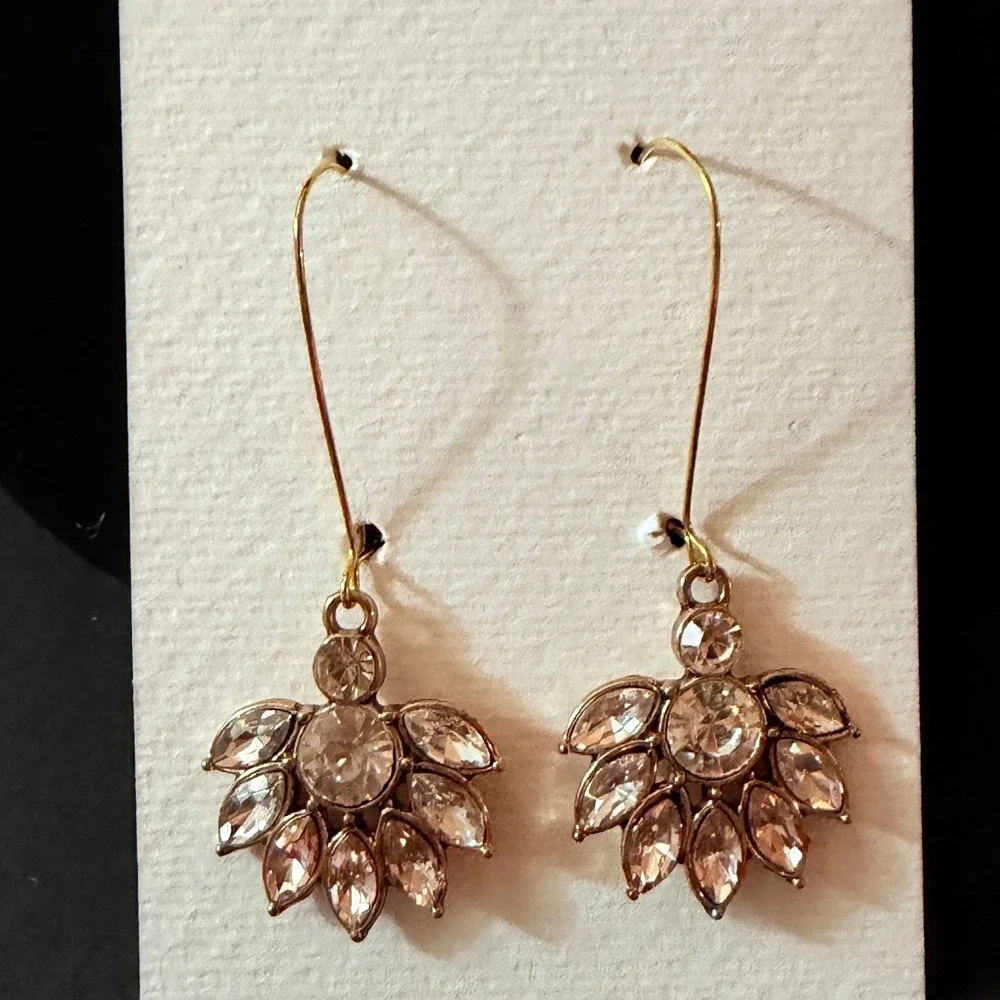 Brass Copper Pink Crystal Fan Drop Earrings Long Gold Tone Stephanie Aune Artist